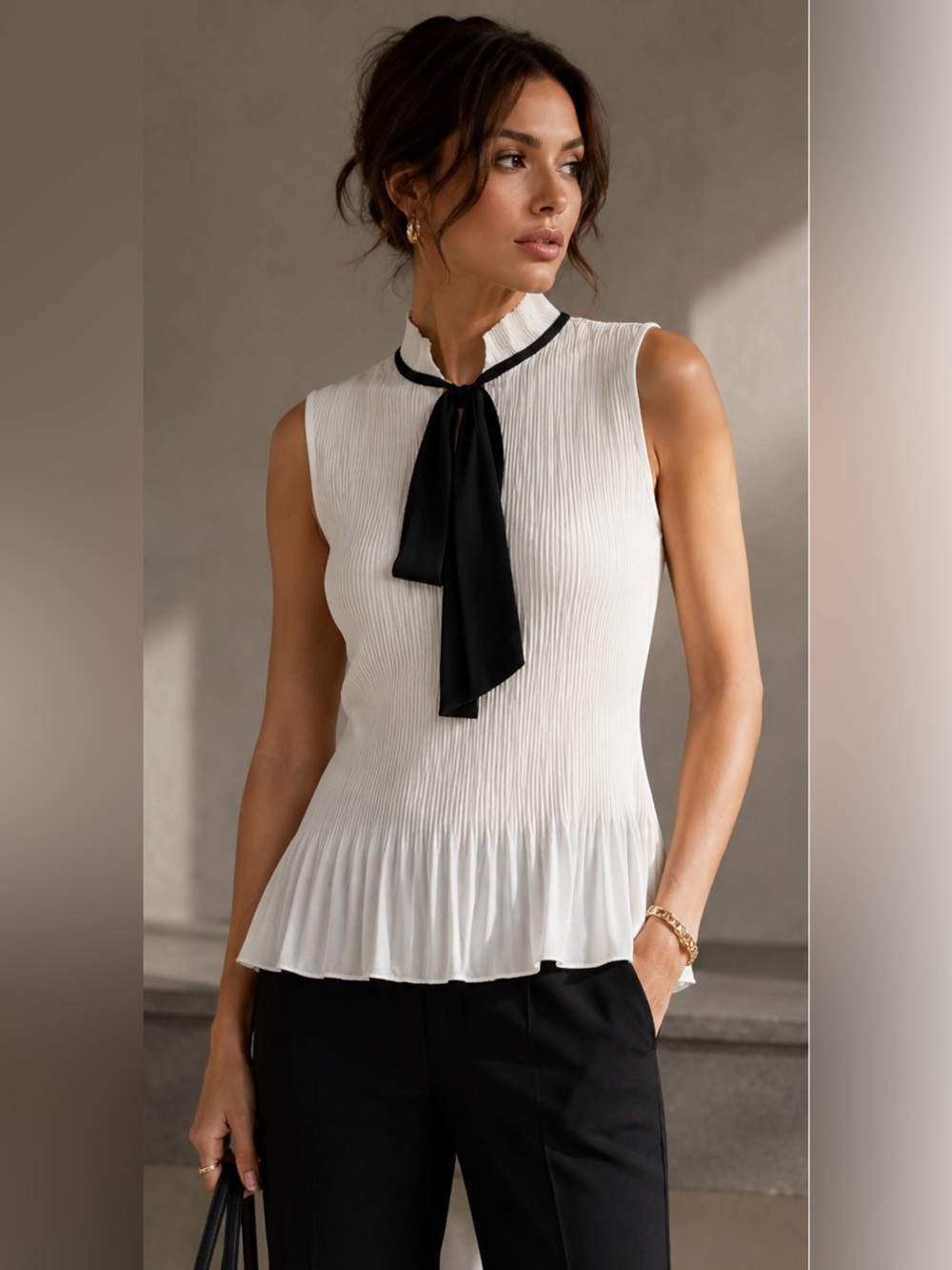 NWT - DKNY White Pleated Sleeveless Peplum Top with Black Neck Bow